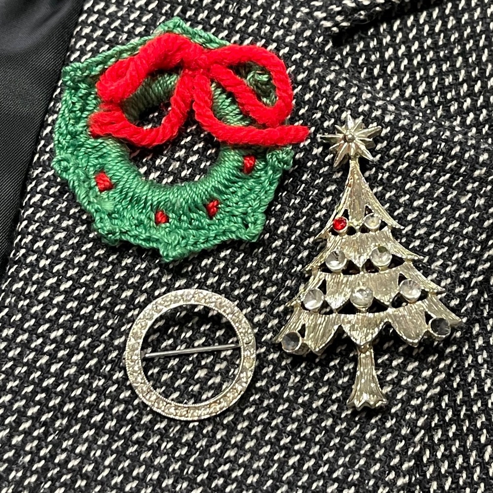 Lot of 3 Vintage Christmas Brooches Silver Tone & Rhinestone Costume Jewelry